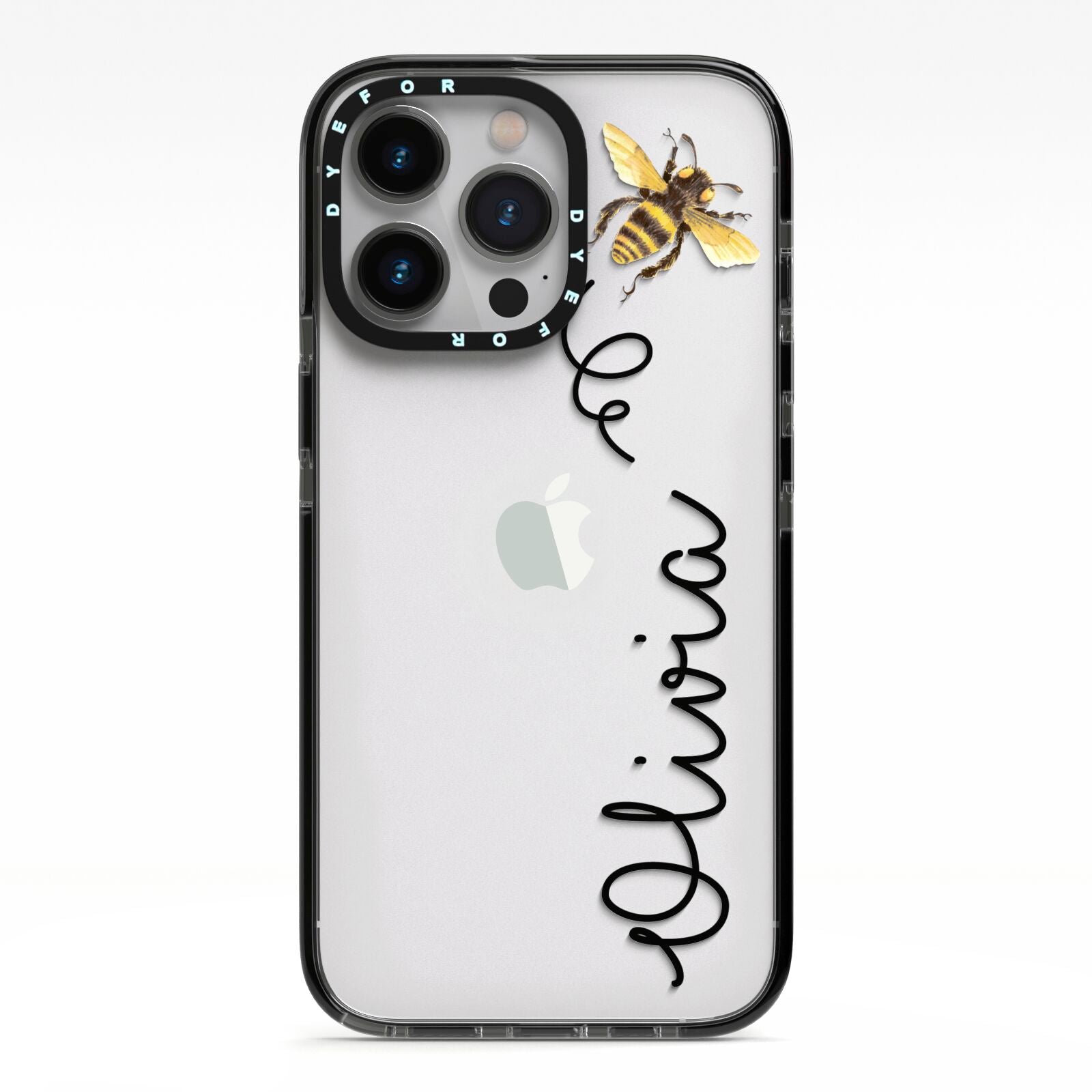 Bee in Flight Personalised Name iPhone 13 Pro Black Impact Case on Silver phone
