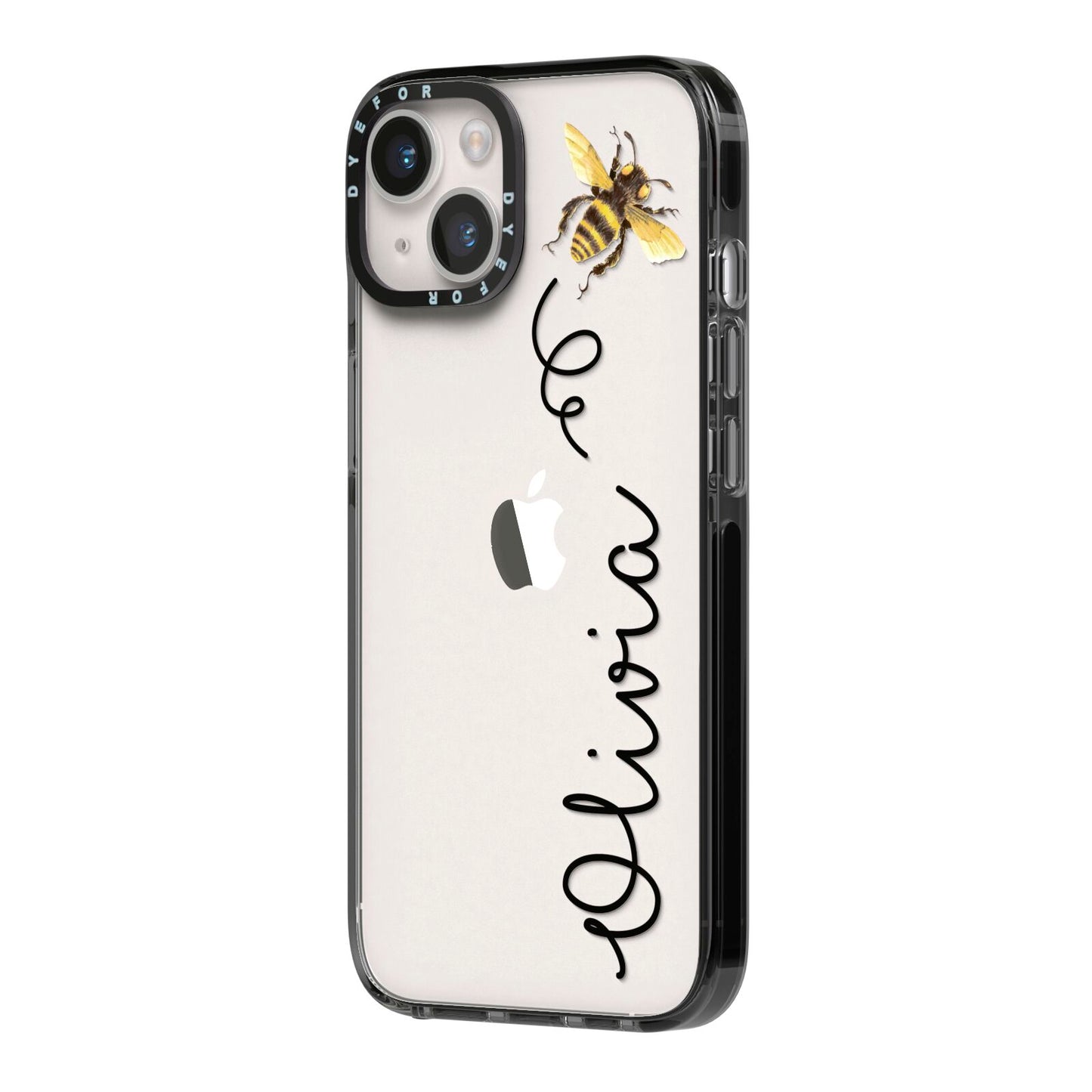 Bee in Flight Personalised Name iPhone 14 Black Impact Case Side Angle on Silver phone