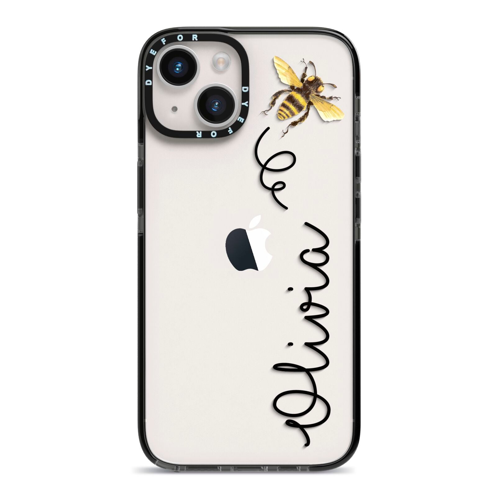 Bee in Flight Personalised Name iPhone 14 Black Impact Case on Silver phone