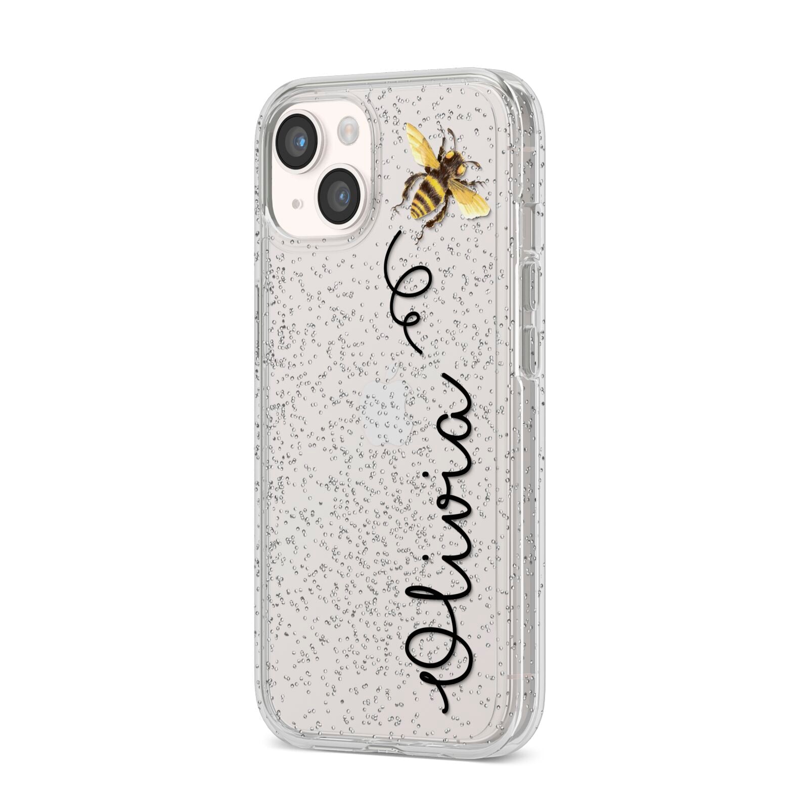 Bee in Flight Personalised Name iPhone 14 Glitter Tough Case Starlight Angled Image