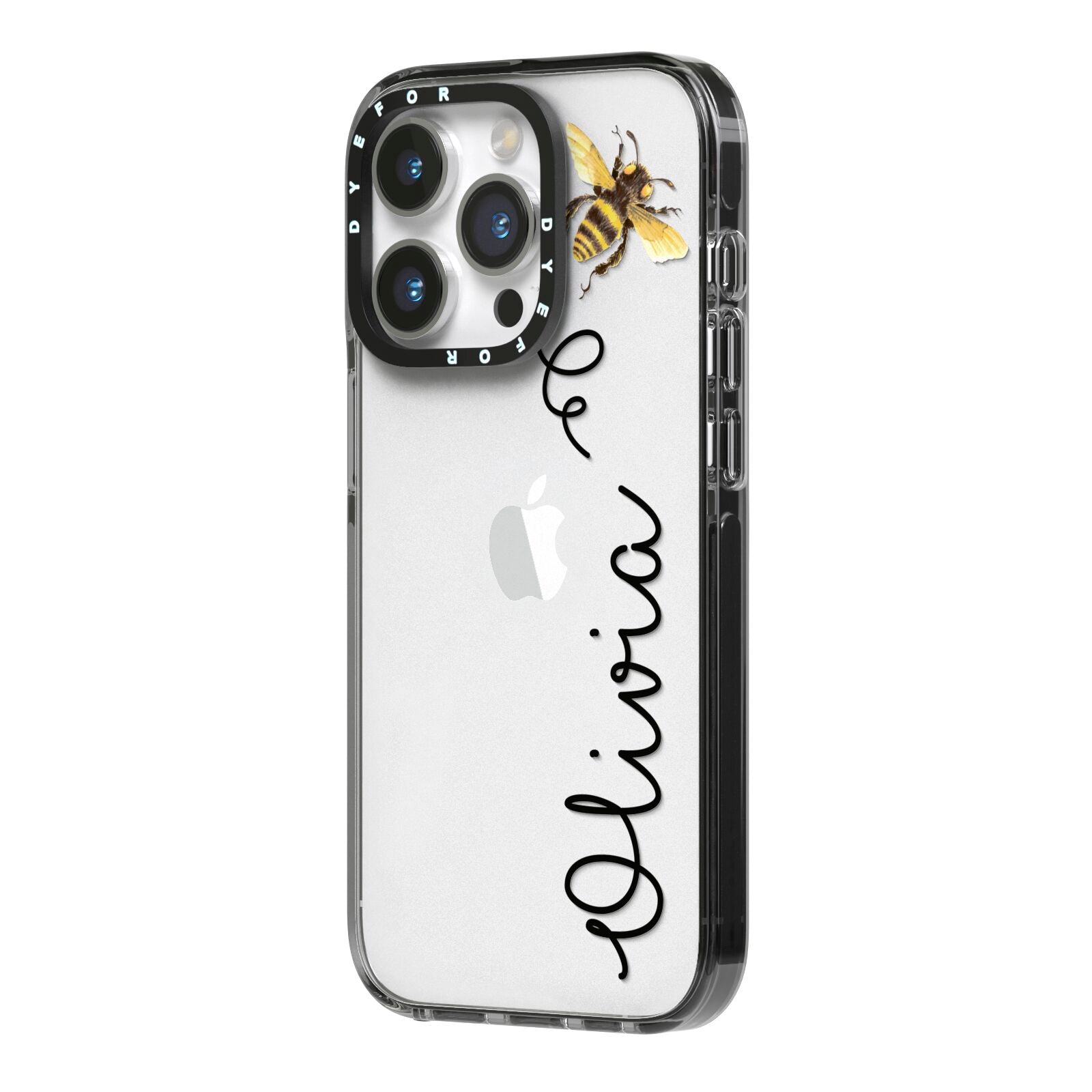 Bee in Flight Personalised Name iPhone 14 Pro Black Impact Case Side Angle on Silver phone