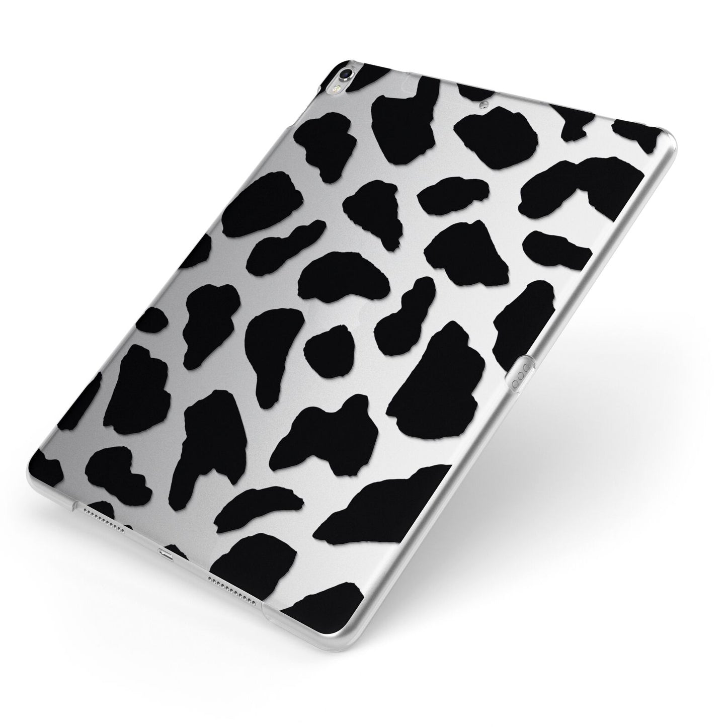 Black Cow Print Apple iPad Case on Silver iPad Side View