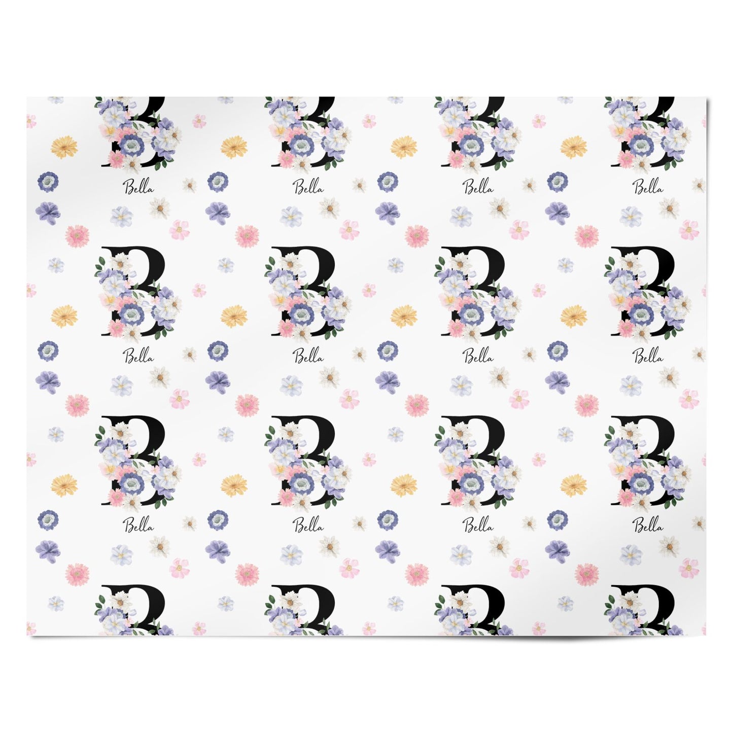 Black Initial Floral Personalised Wrapping Paper Alternative