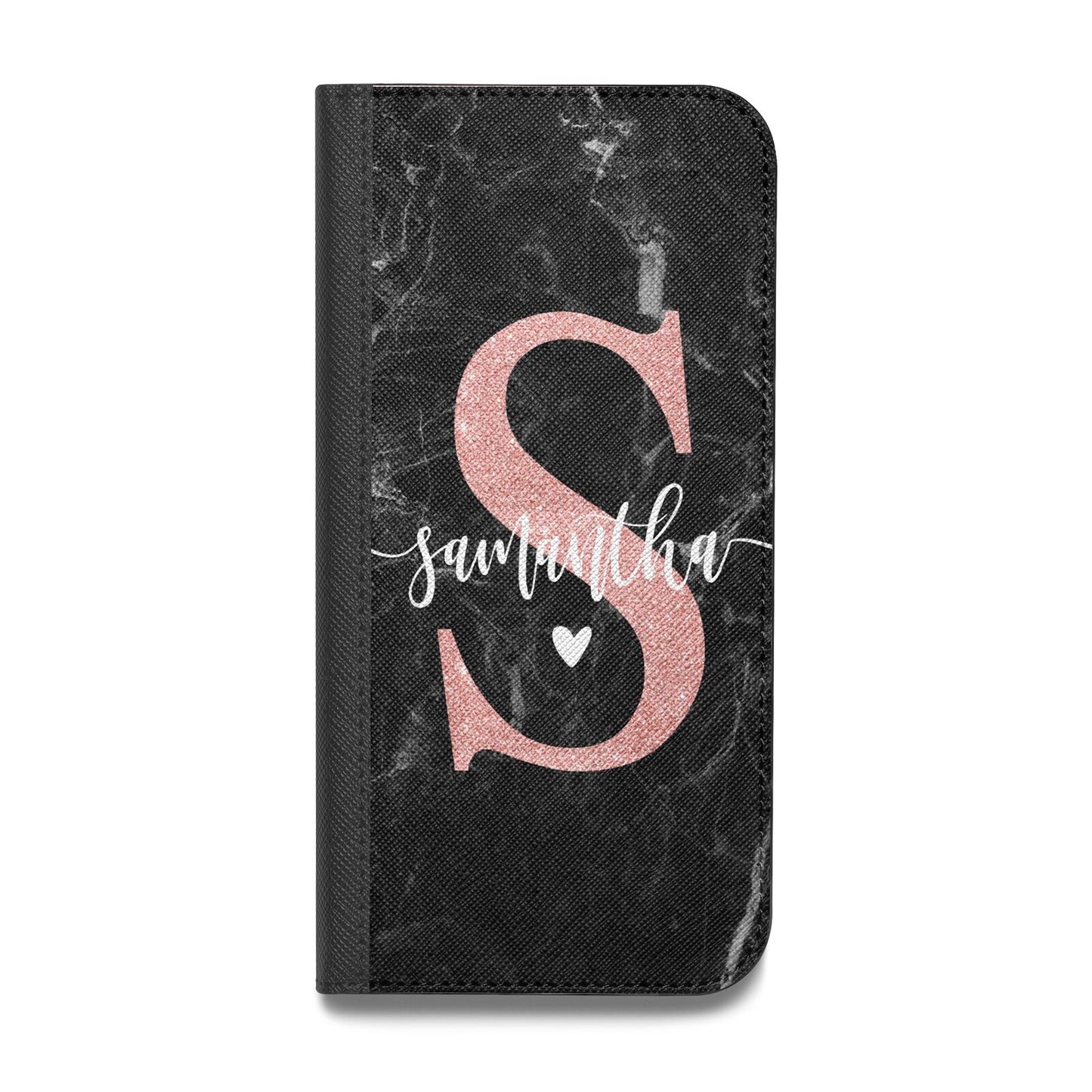 Black Marble Personalised Glitter Initial Name Vegan Leather Flip Samsung Case