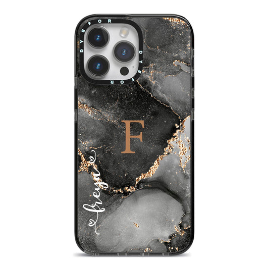 Black Marble iPhone 14 Pro Max Black Impact Case on Silver phone