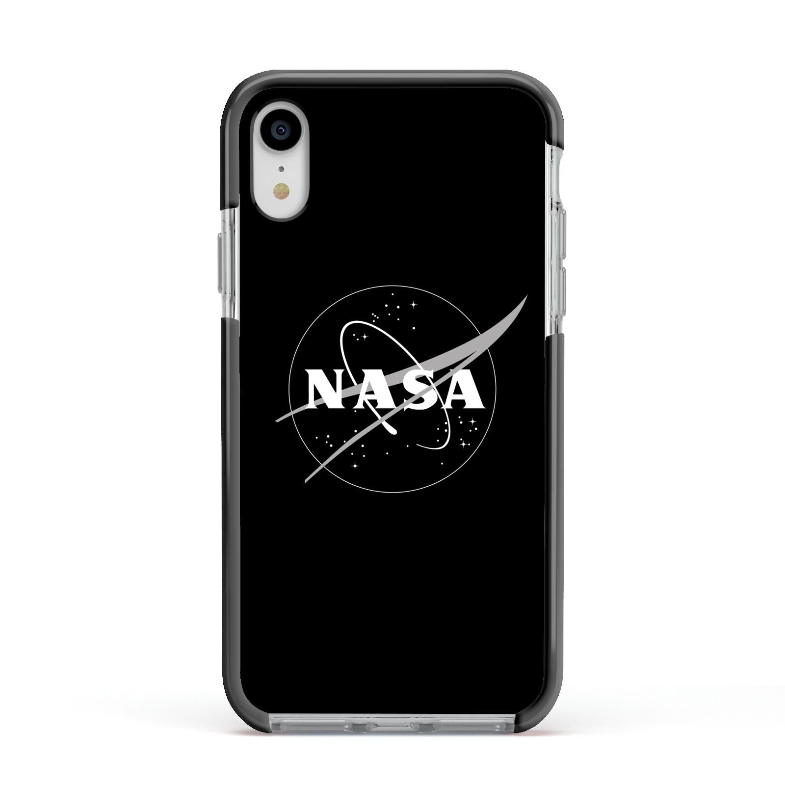 Black NASA Meatball Apple iPhone XR Impact Case Black Edge on Silver Phone