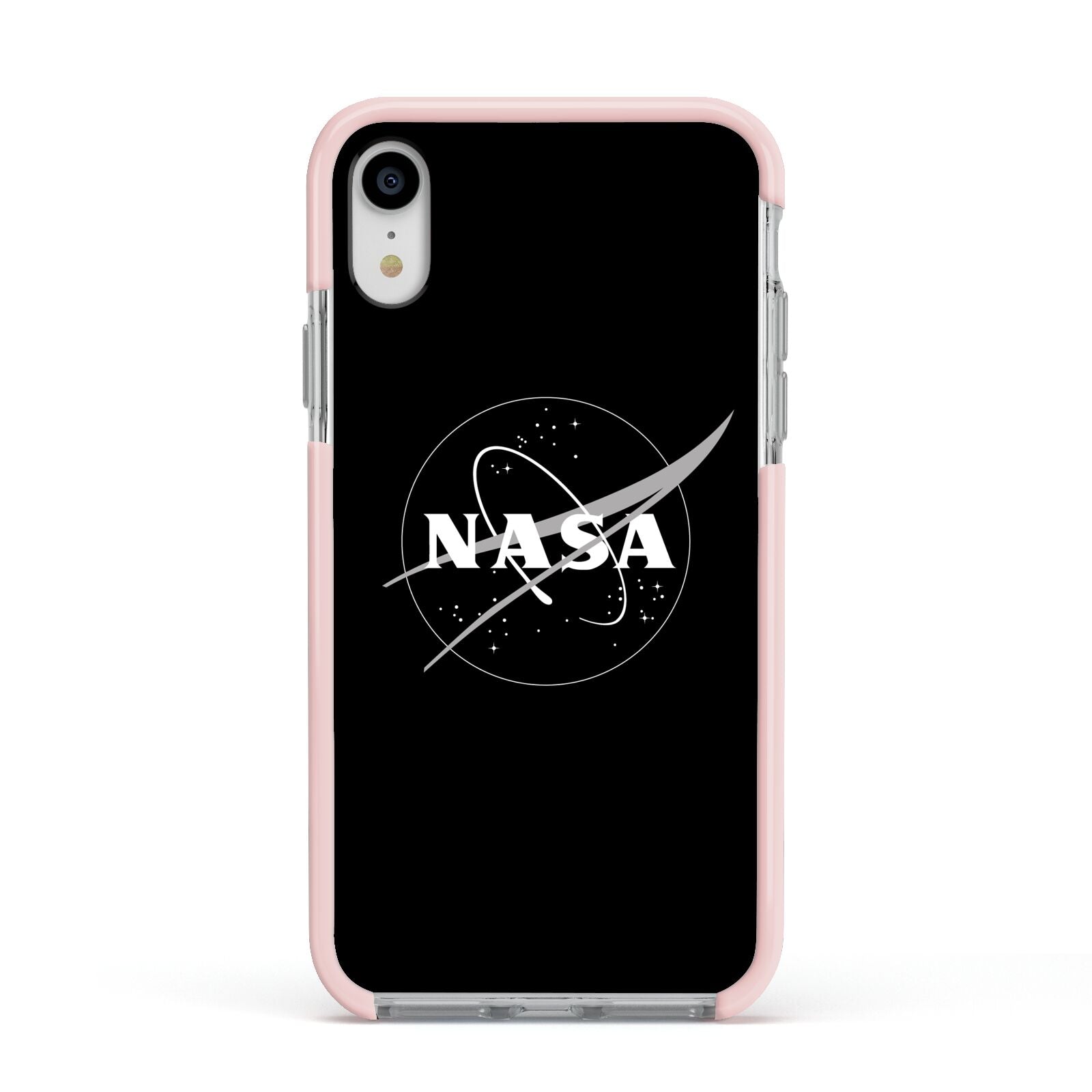 Black NASA Meatball Apple iPhone XR Impact Case Pink Edge on Silver Phone