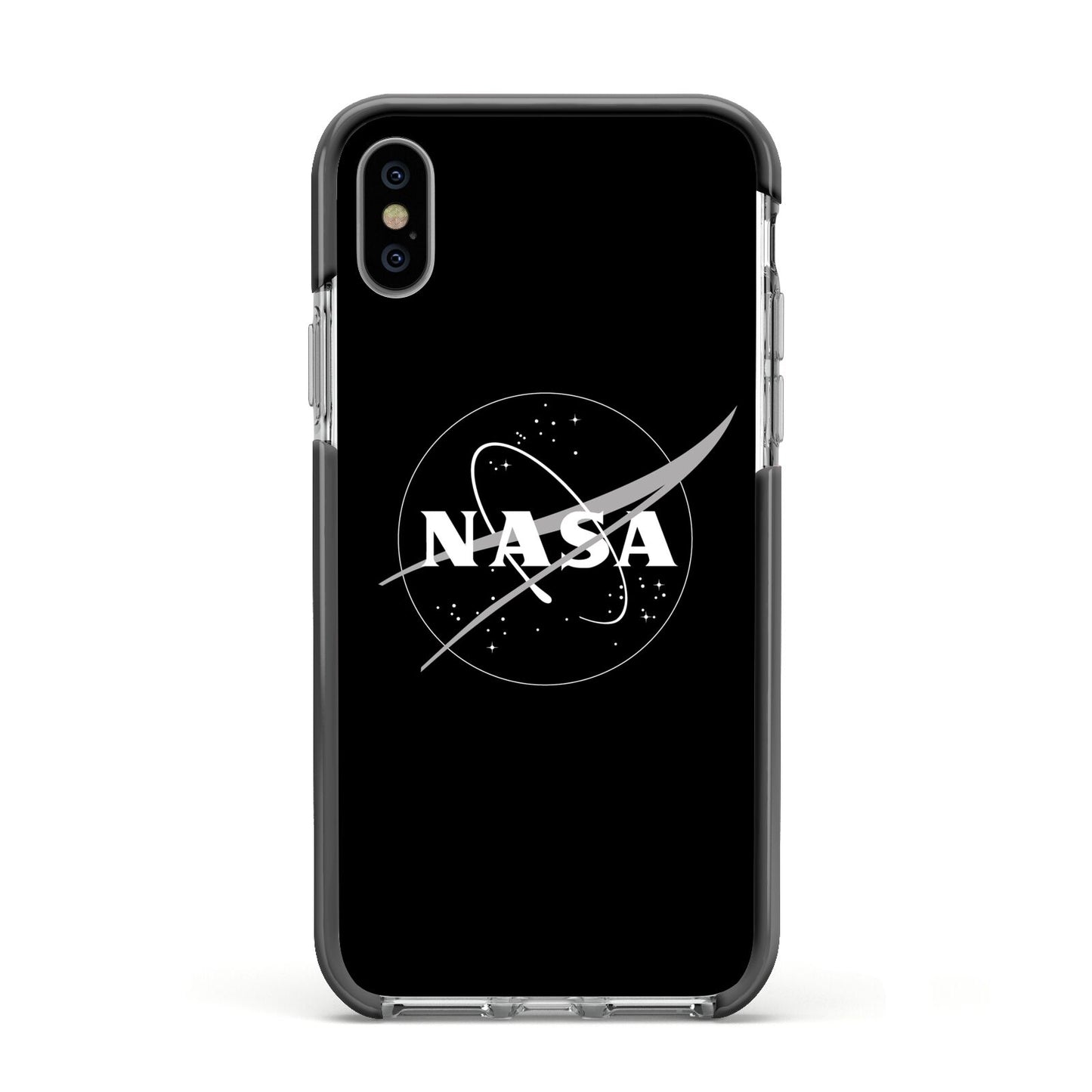 Black NASA Meatball Apple iPhone Xs Impact Case Black Edge on Silver Phone