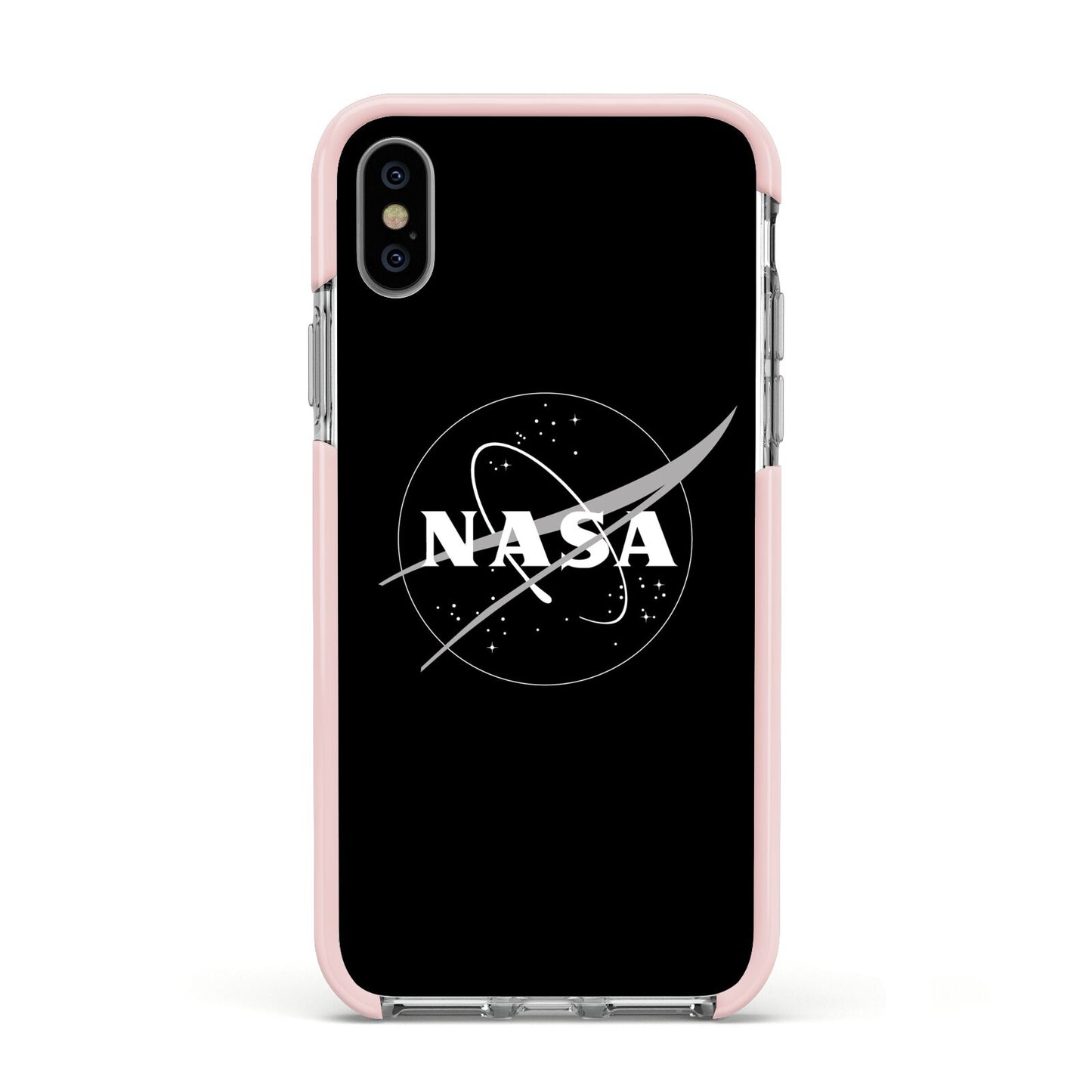 Black NASA Meatball Apple iPhone Xs Impact Case Pink Edge on Silver Phone