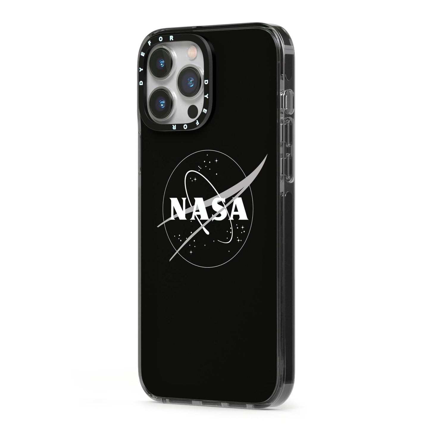 Black NASA Meatball iPhone 13 Pro Max Black Impact Case Side Angle on Silver phone