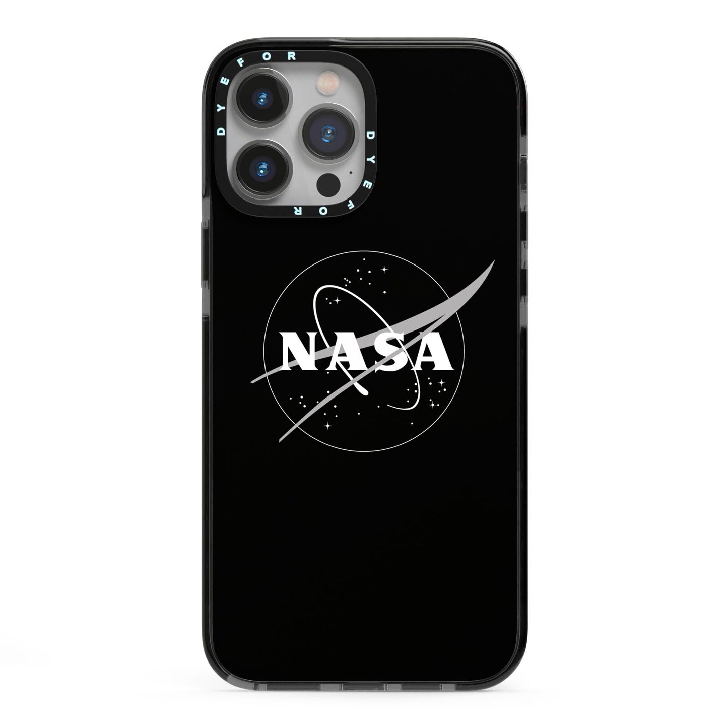 Black NASA Meatball iPhone 13 Pro Max Black Impact Case on Silver phone