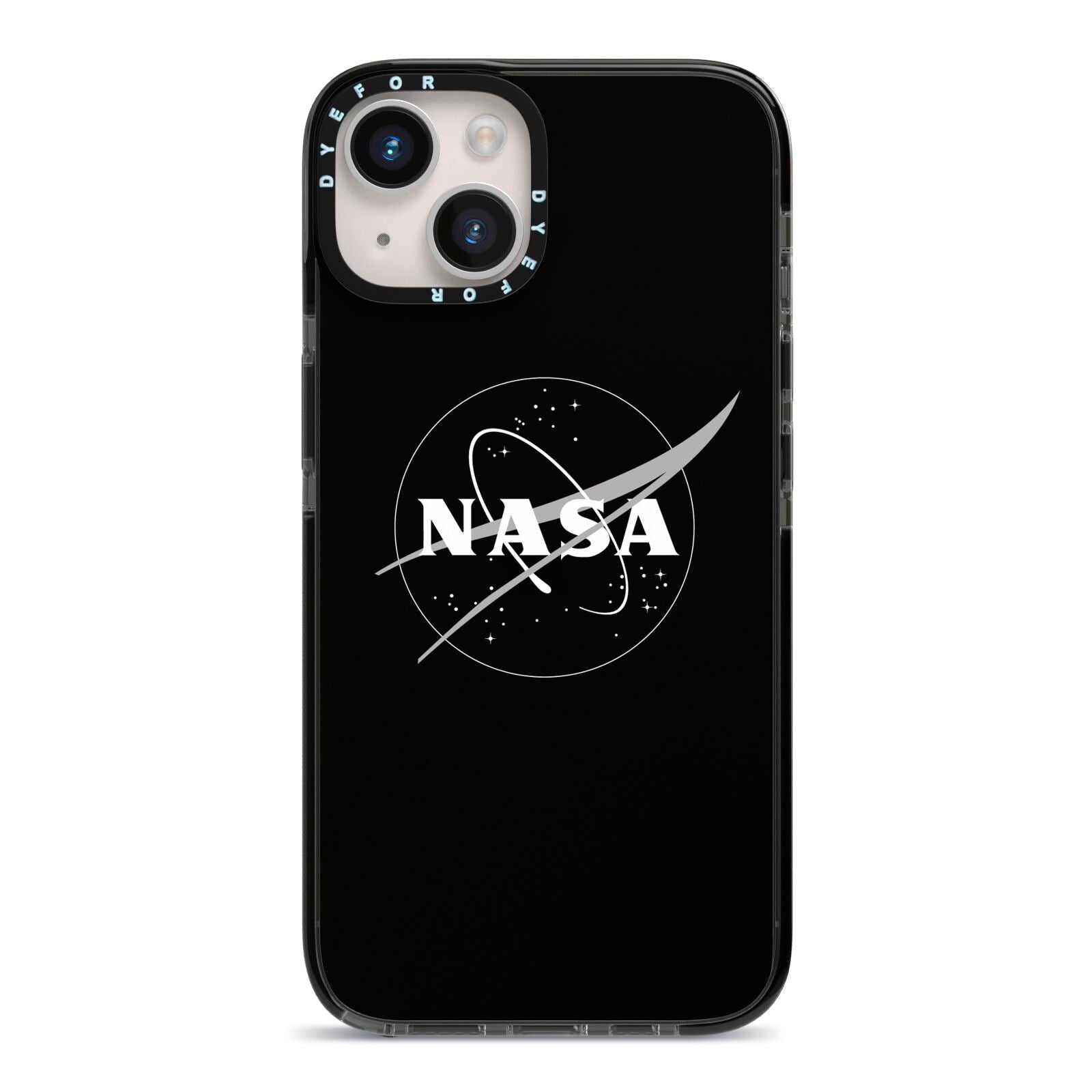 Black NASA Meatball iPhone 14 Black Impact Case on Silver phone