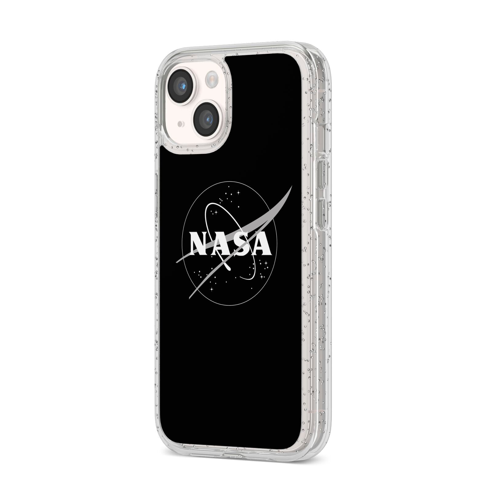 Black NASA Meatball iPhone 14 Glitter Tough Case Starlight Angled Image