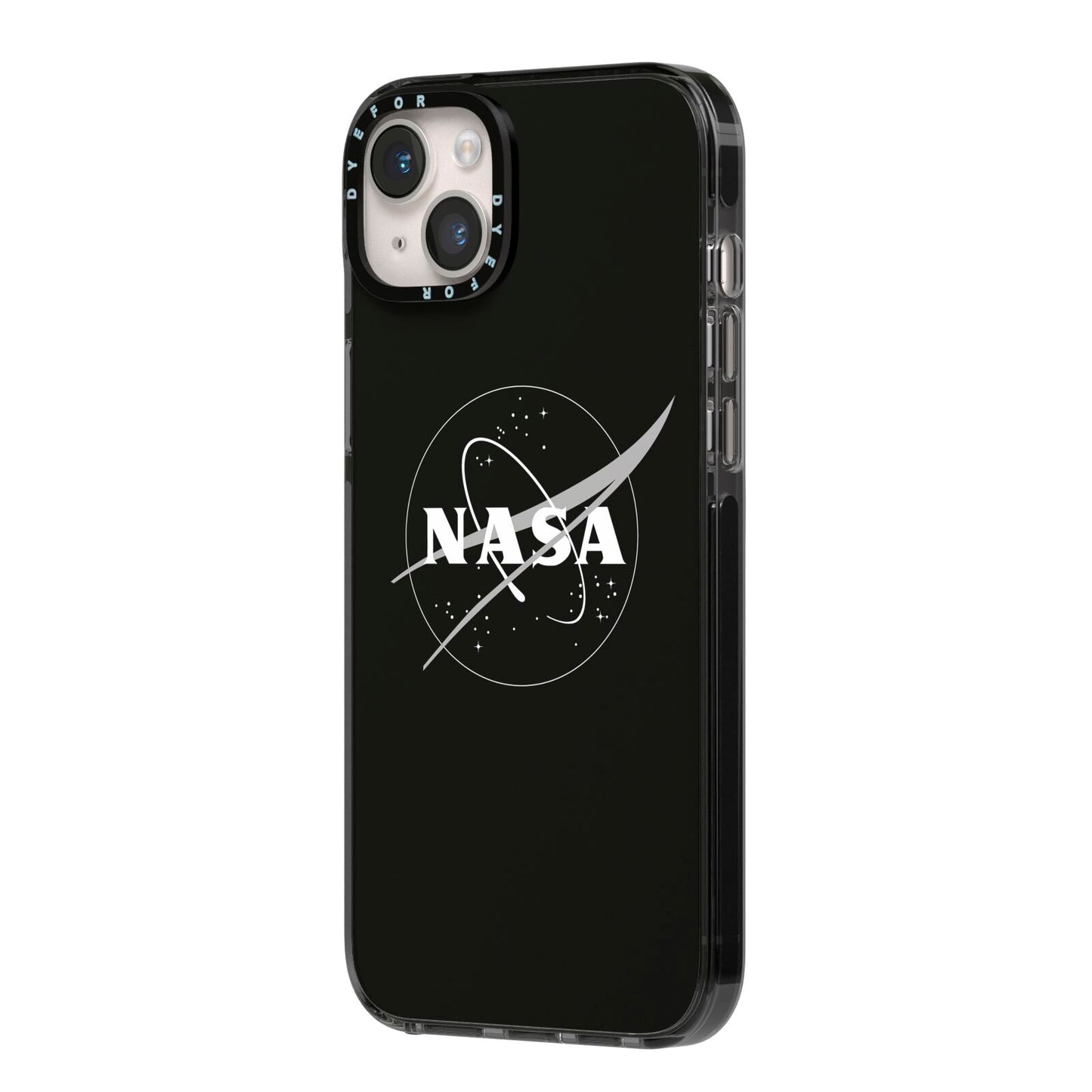 Black NASA Meatball iPhone 14 Plus Black Impact Case Side Angle on Silver phone