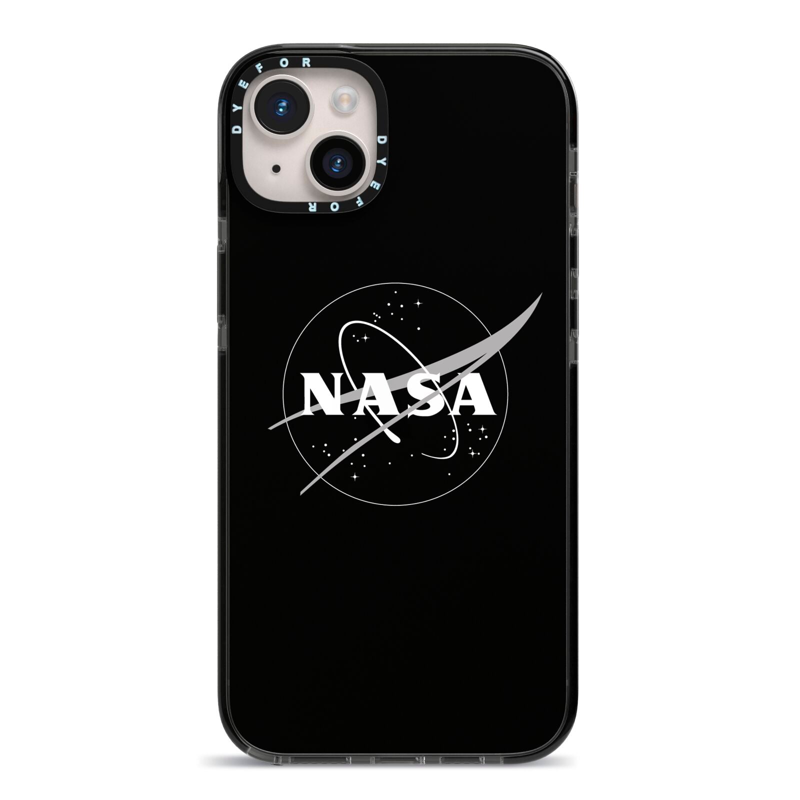 Black NASA Meatball iPhone 14 Plus Black Impact Case on Silver phone