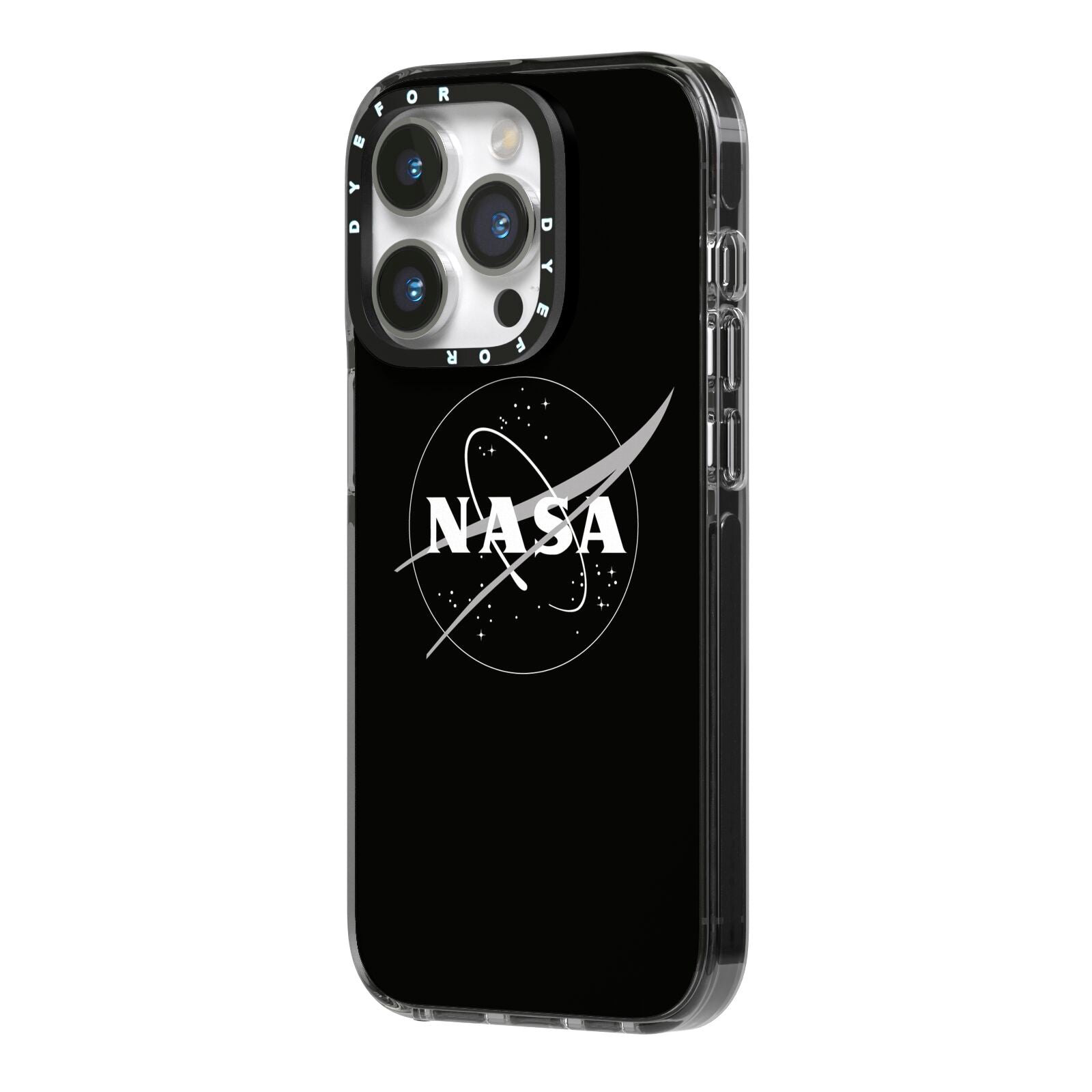 Black NASA Meatball iPhone 14 Pro Black Impact Case Side Angle on Silver phone
