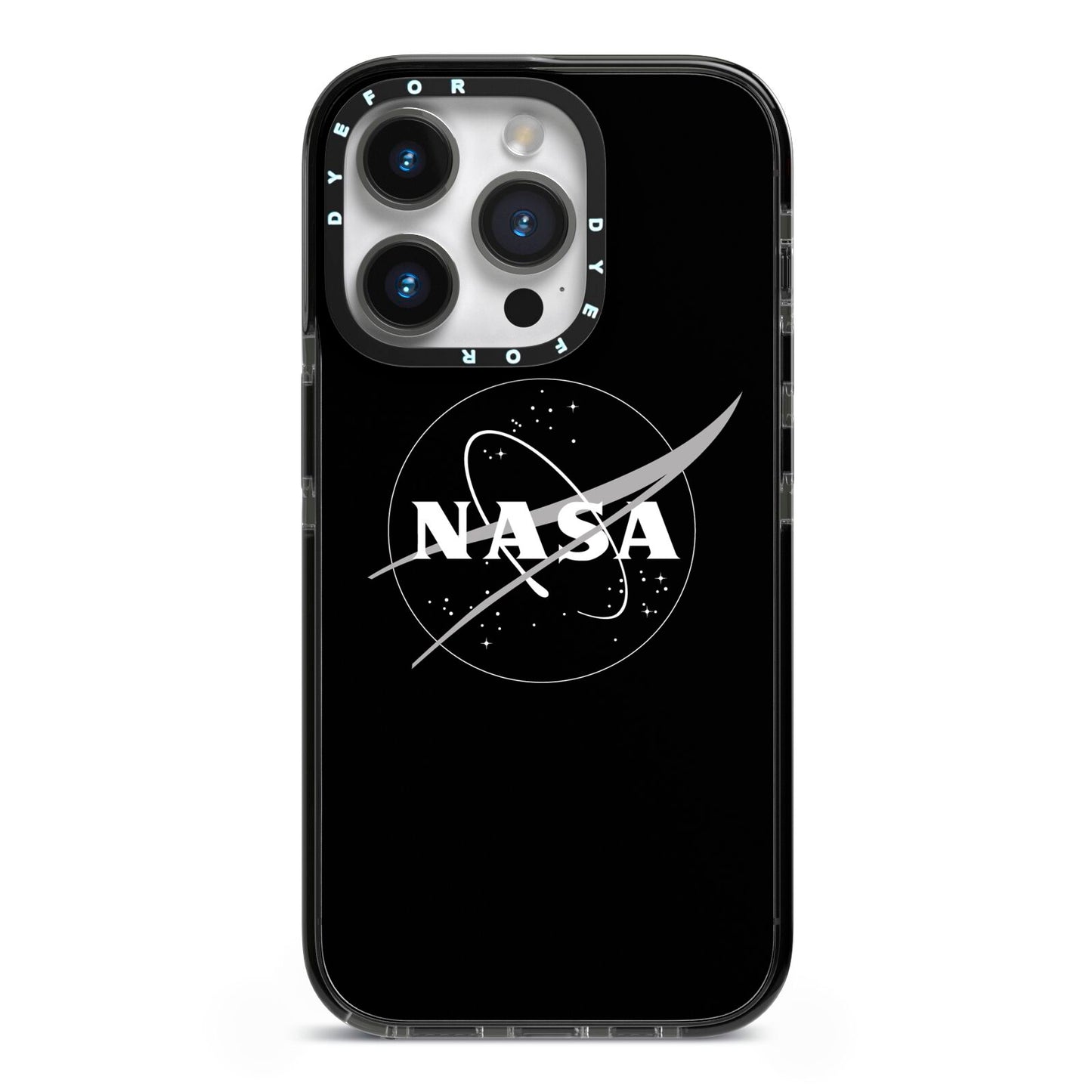 Black NASA Meatball iPhone 14 Pro Black Impact Case on Silver phone