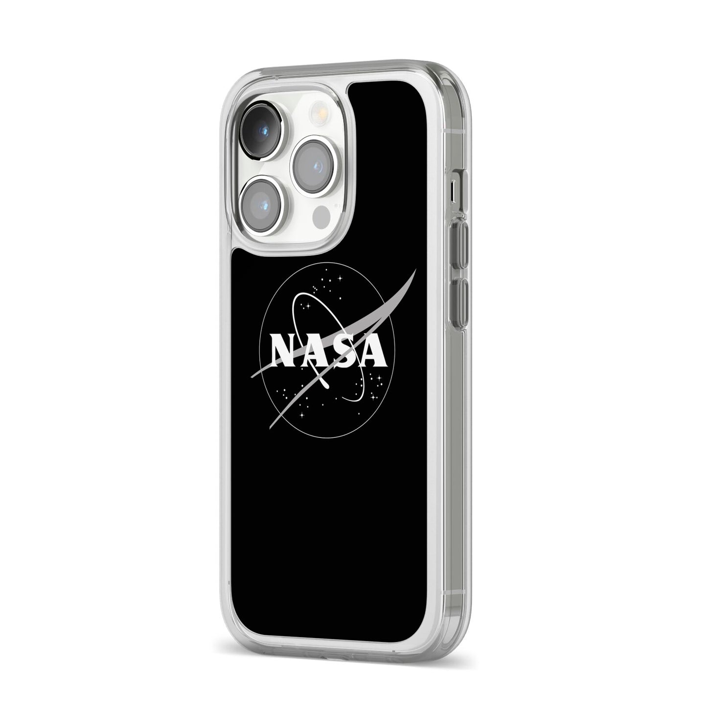 Black NASA Meatball iPhone 14 Pro Clear Tough Case Silver Angled Image