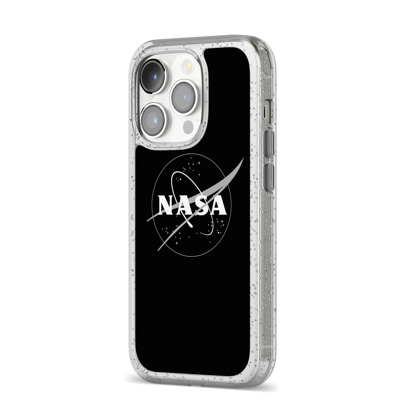 Black NASA Meatball iPhone 14 Pro Glitter Tough Case Silver Angled Image