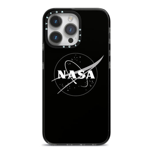 Black NASA Meatball iPhone 14 Pro Max Black Impact Case on Silver phone