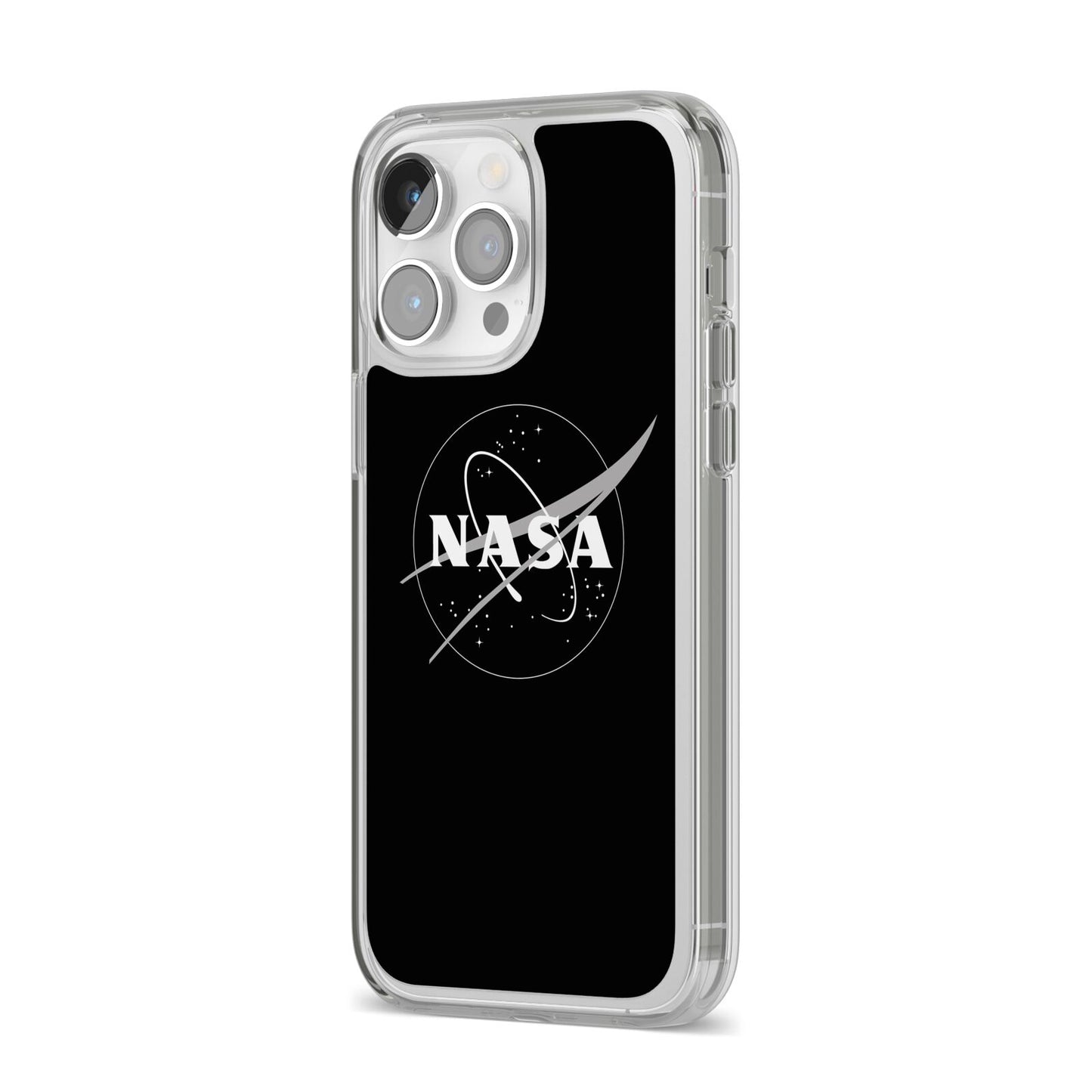 Black NASA Meatball iPhone 14 Pro Max Clear Tough Case Silver Angled Image