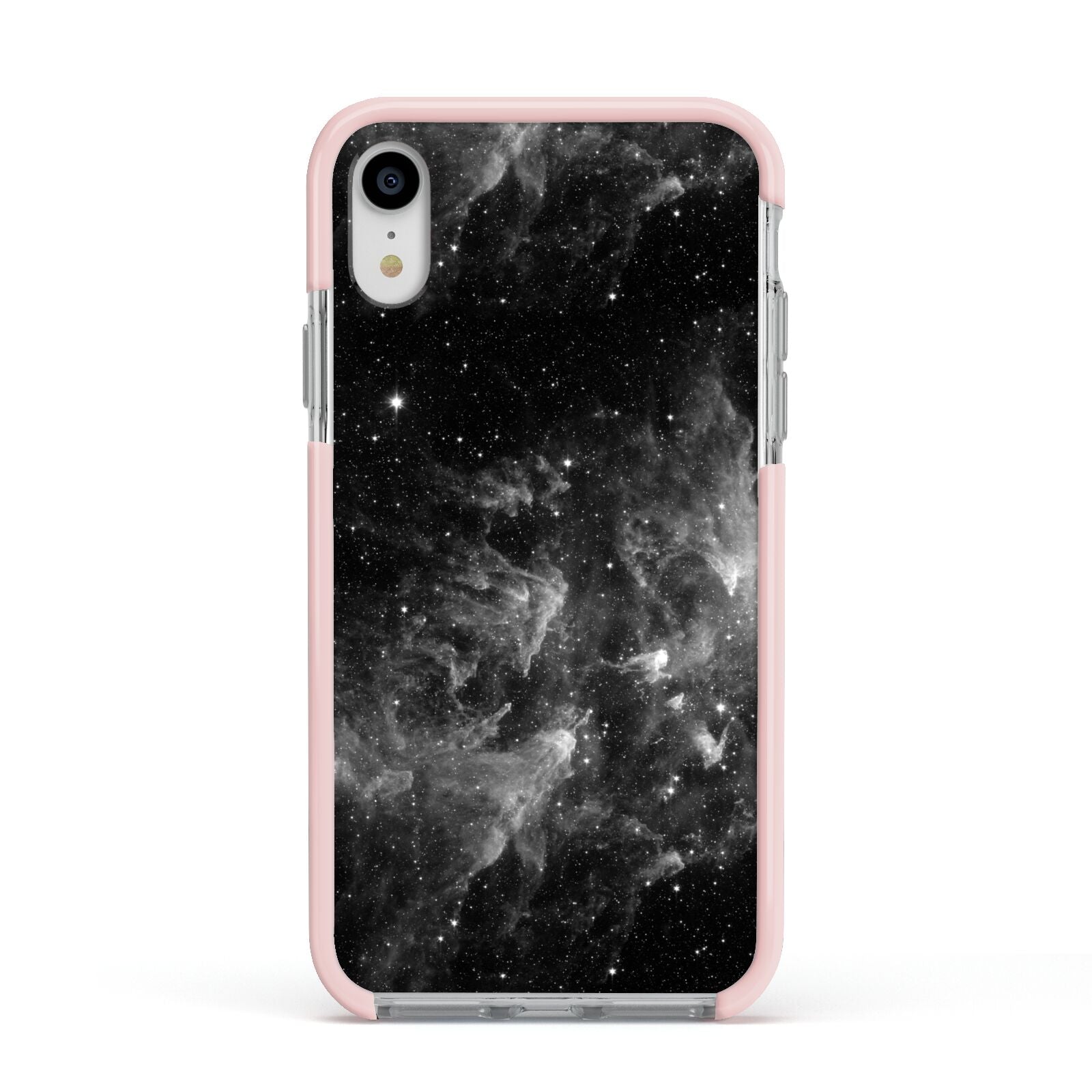 Black Space Apple iPhone XR Impact Case Pink Edge on Silver Phone