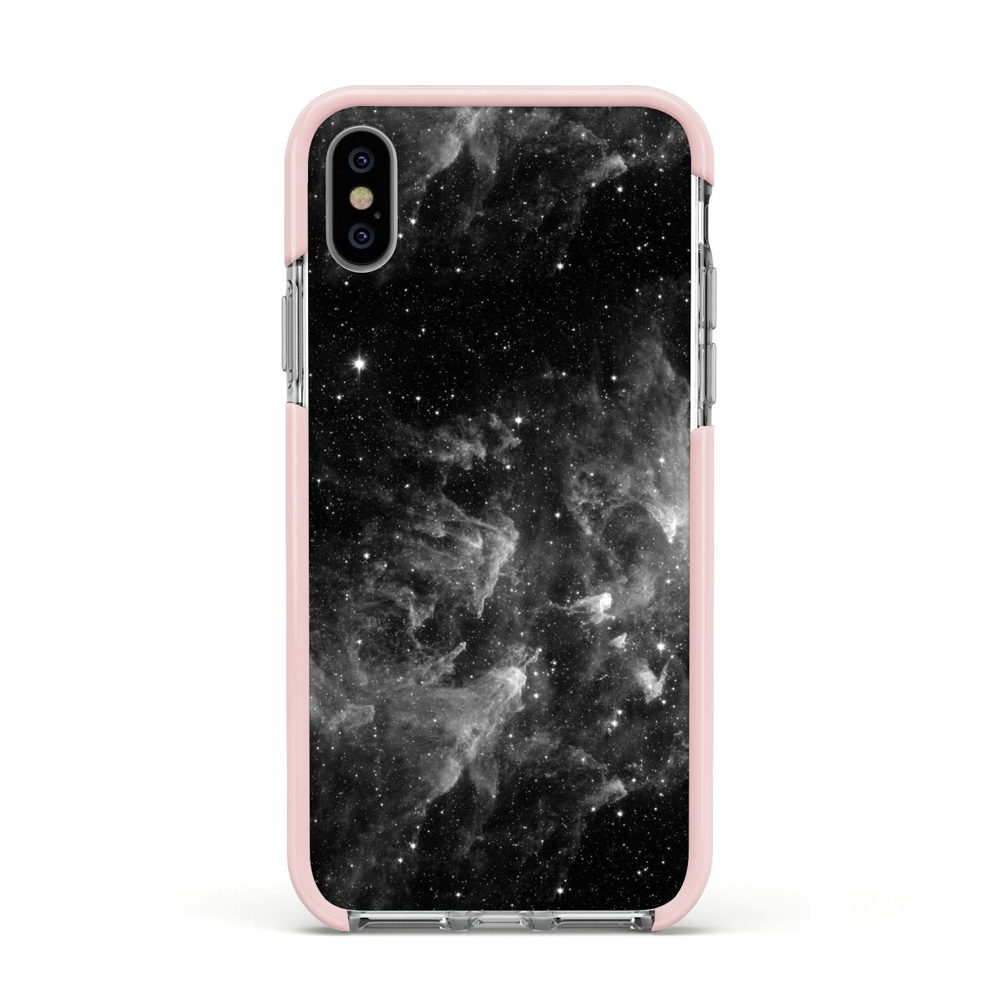 Black Space Apple iPhone Xs Impact Case Pink Edge on Silver Phone