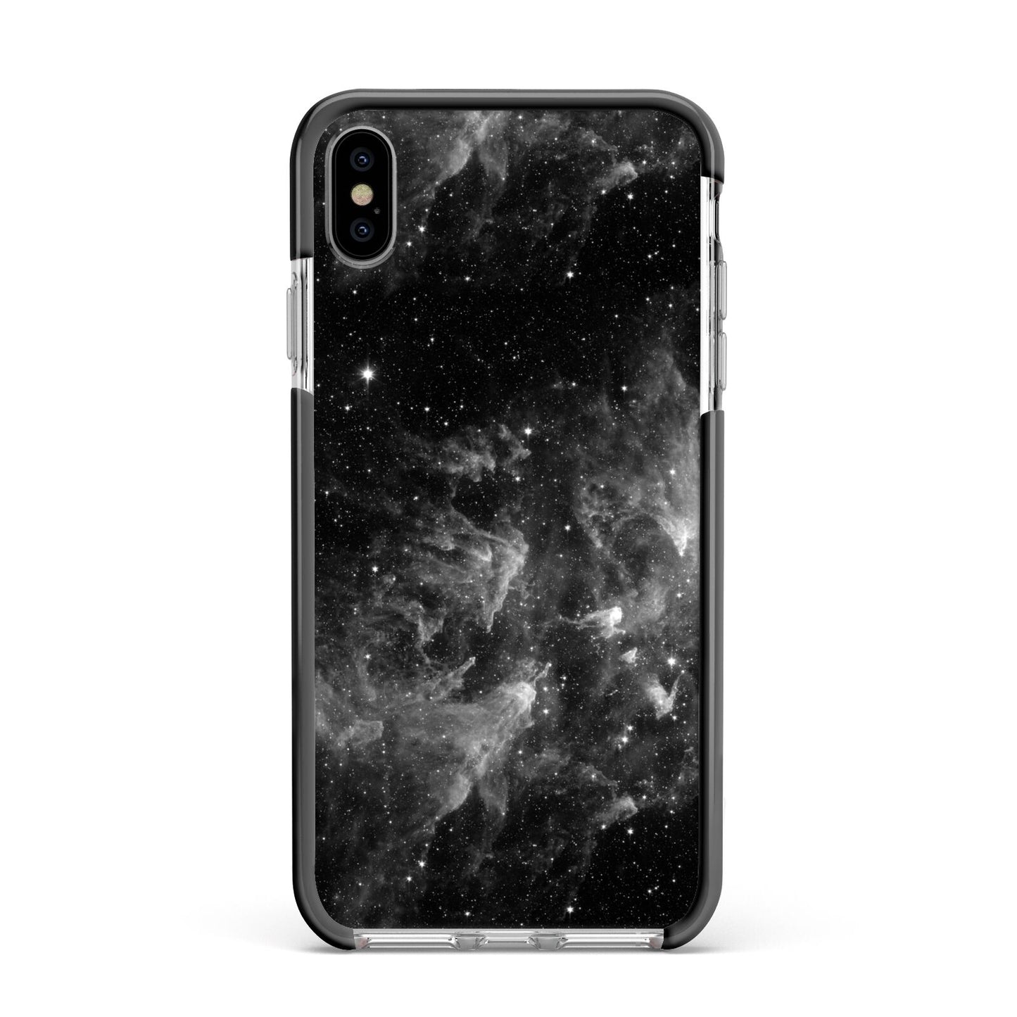 Black Space Apple iPhone Xs Max Impact Case Black Edge on Silver Phone