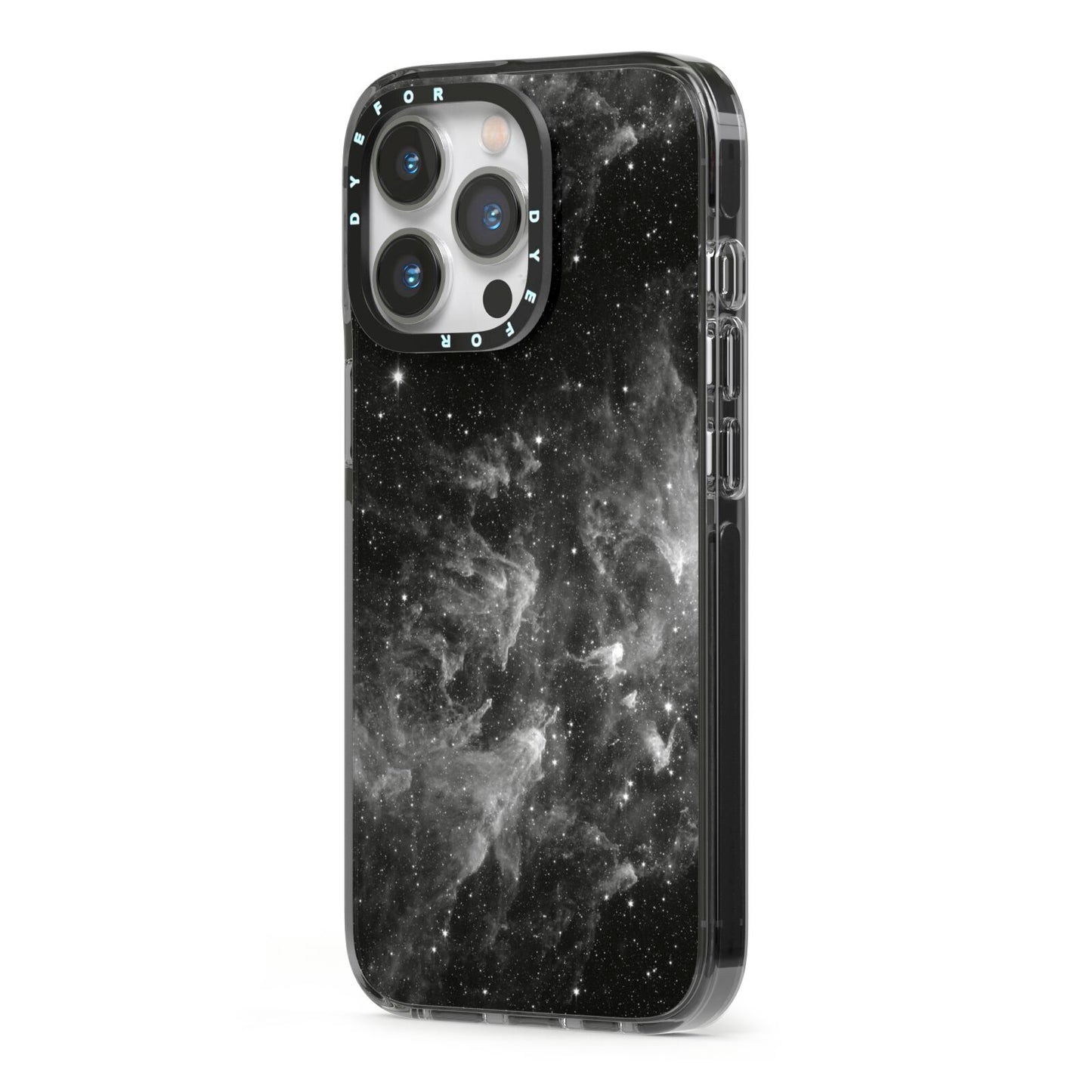 Black Space iPhone 13 Pro Black Impact Case Side Angle on Silver phone