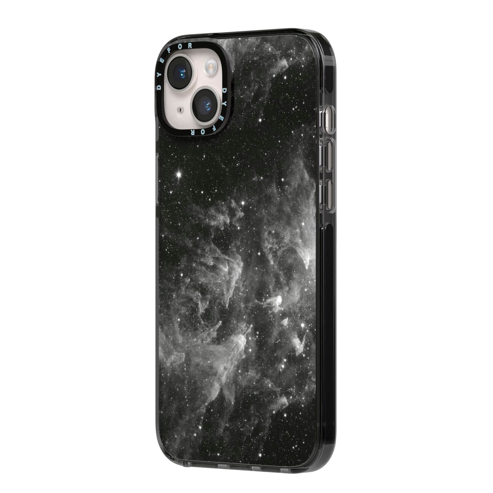 Black Space iPhone 14 Plus Black Impact Case Side Angle on Silver phone