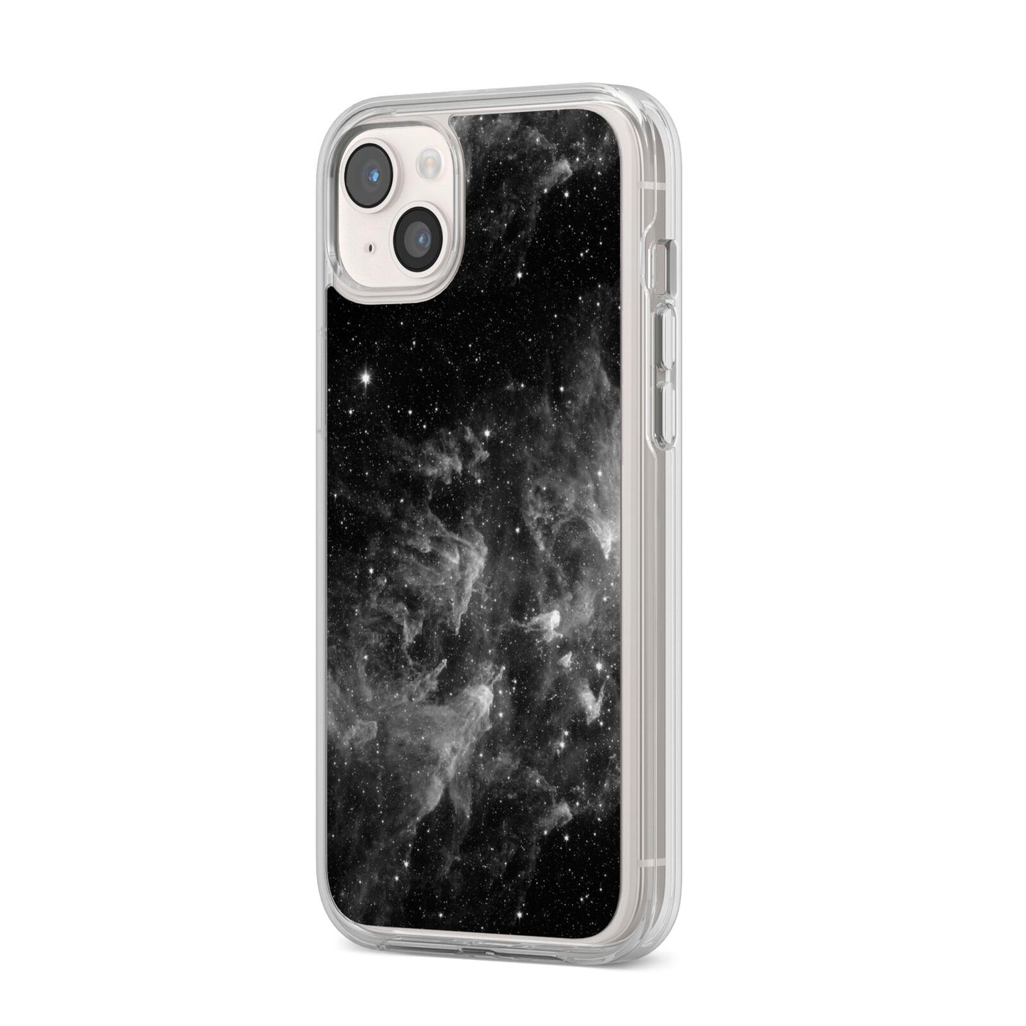 Black Space iPhone 14 Plus Clear Tough Case Starlight Angled Image