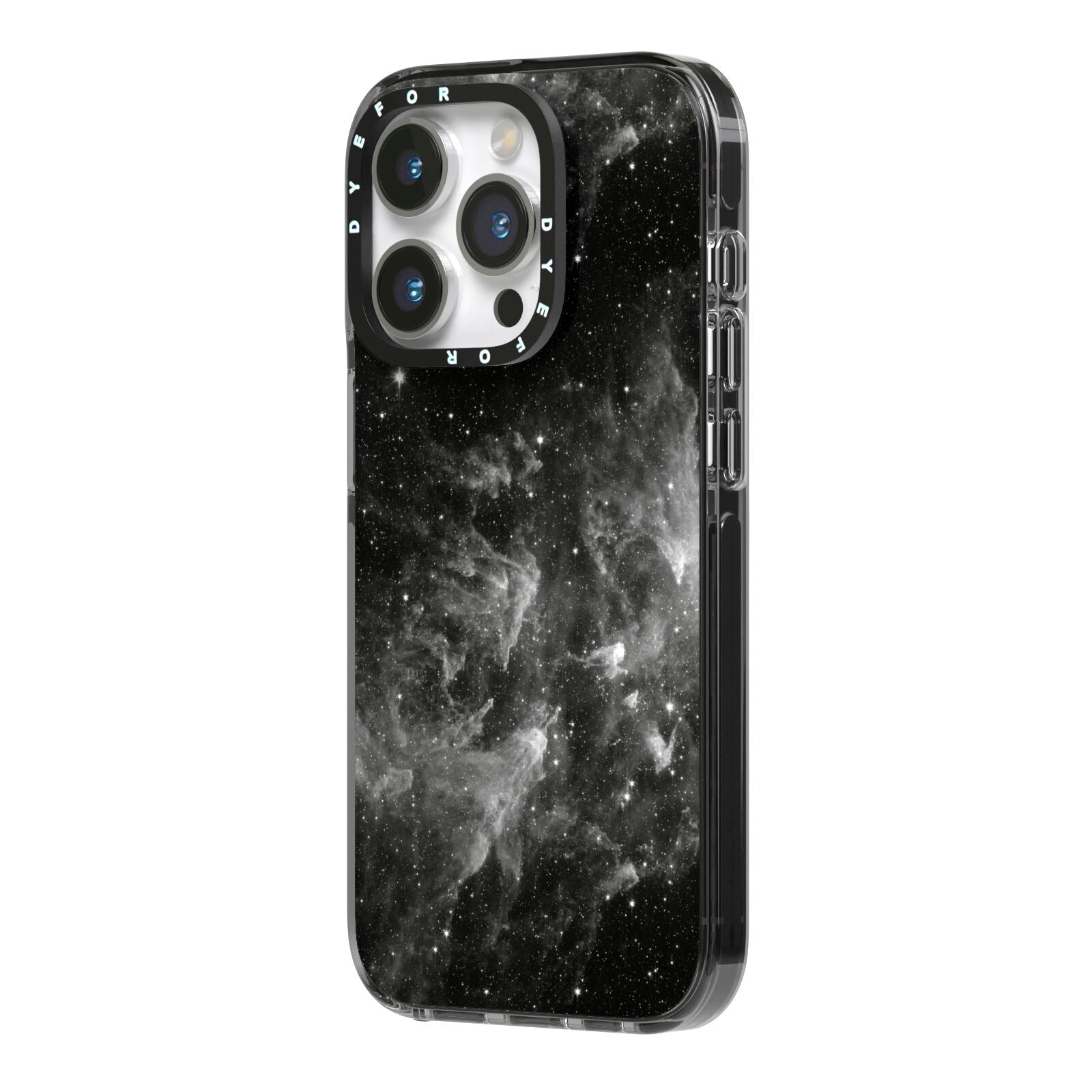 Black Space iPhone 14 Pro Black Impact Case Side Angle on Silver phone
