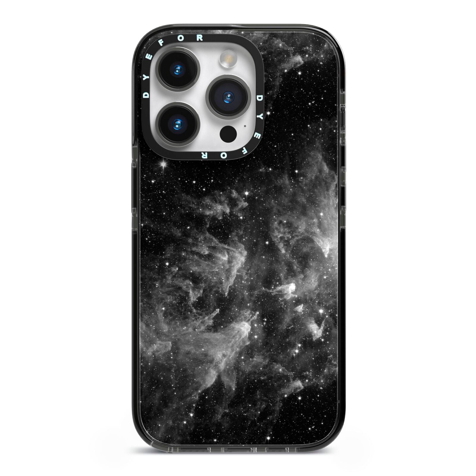 Black Space iPhone 14 Pro Black Impact Case on Silver phone