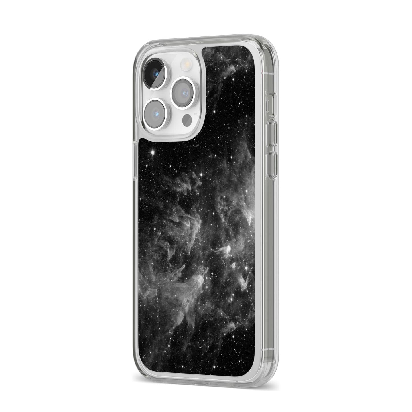 Black Space iPhone 14 Pro Max Clear Tough Case Silver Angled Image