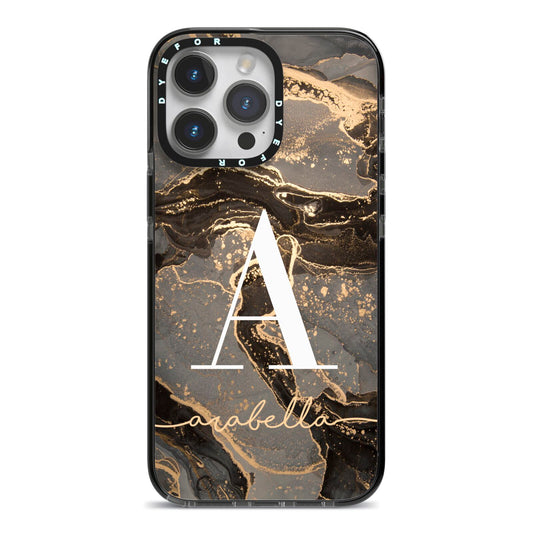 Black and Gold Marble iPhone 14 Pro Max Black Impact Case on Silver phone