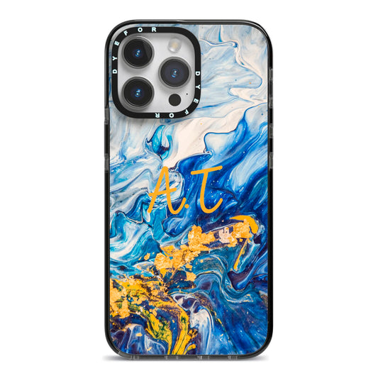 Blue And Gold Marble iPhone 14 Pro Max Black Impact Case on Silver phone