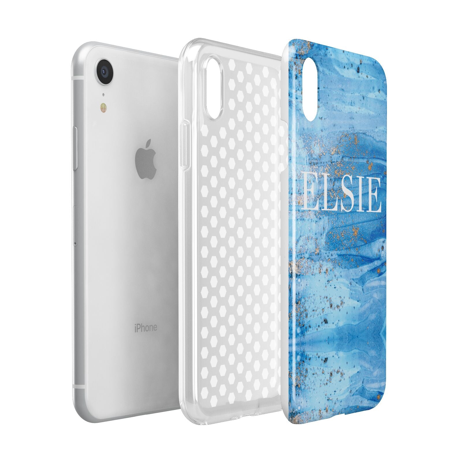 Blue Gold Marble Personalised Apple iPhone XR White 3D Tough Case Expanded view