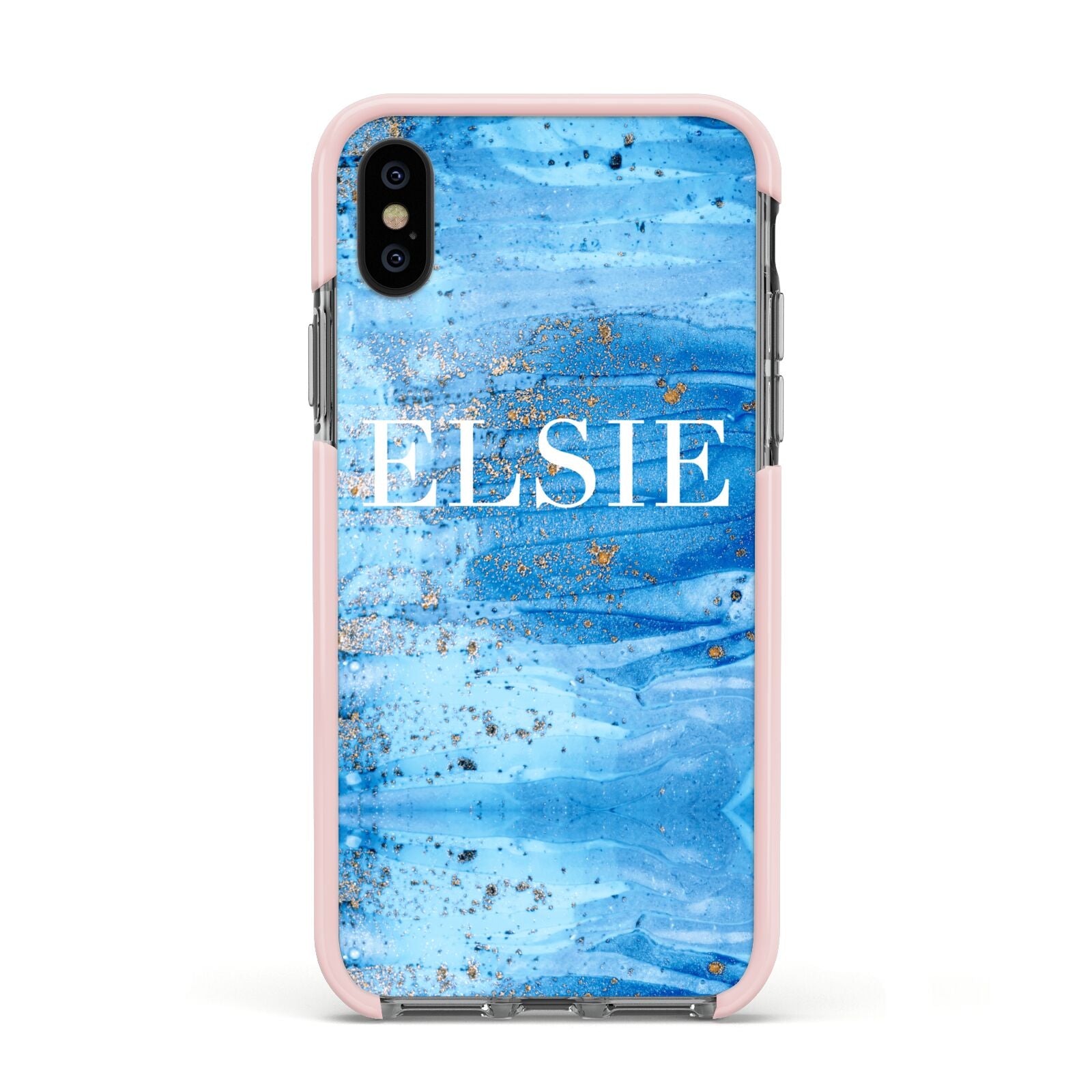 Blue Gold Marble Personalised Apple iPhone Xs Impact Case Pink Edge on Black Phone