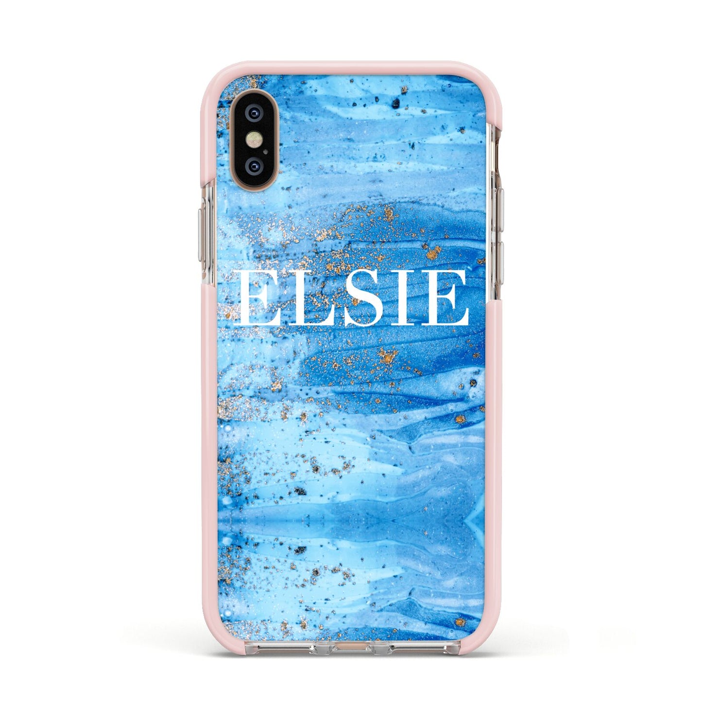 Blue Gold Marble Personalised Apple iPhone Xs Impact Case Pink Edge on Gold Phone