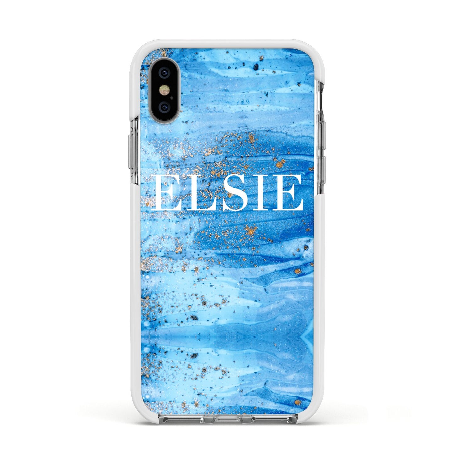 Blue Gold Marble Personalised Apple iPhone Xs Impact Case White Edge on Silver Phone