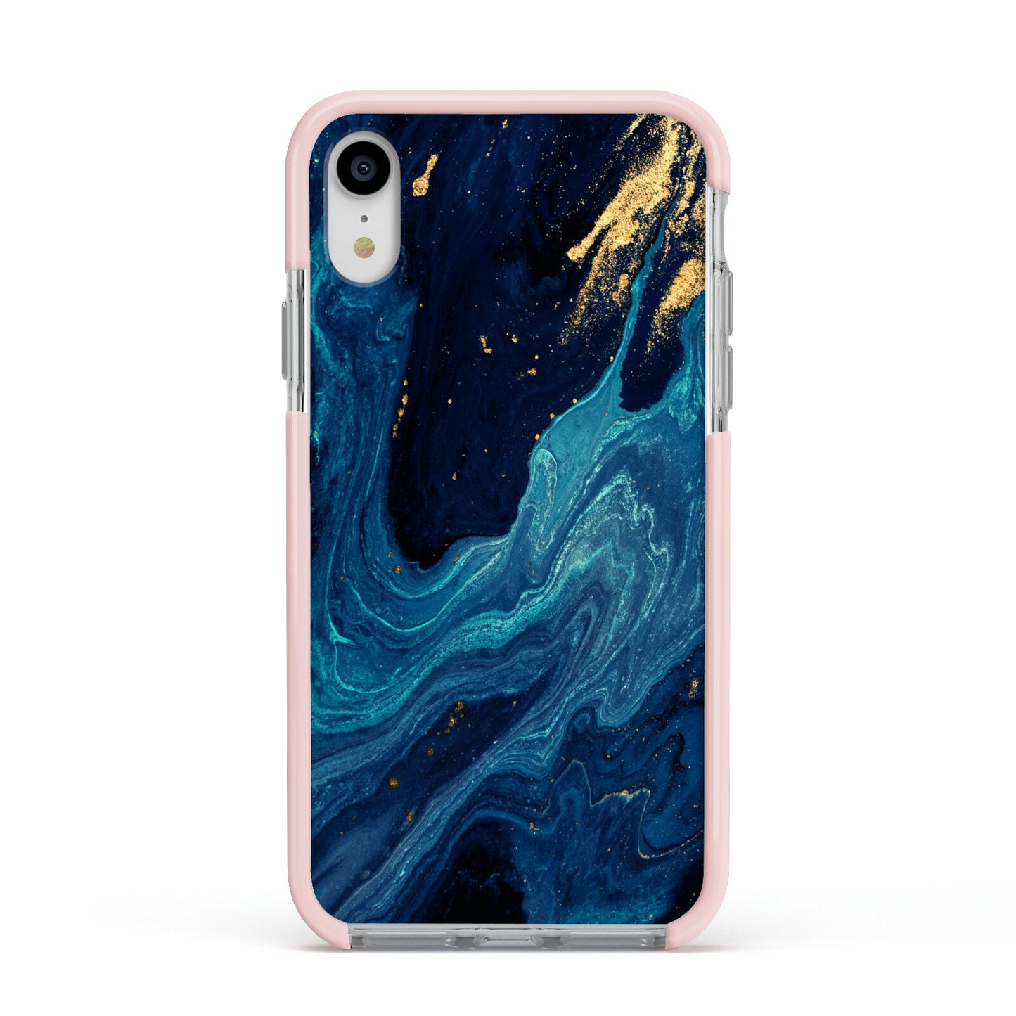Blue Lagoon Marble Apple iPhone XR Impact Case Pink Edge on Silver Phone
