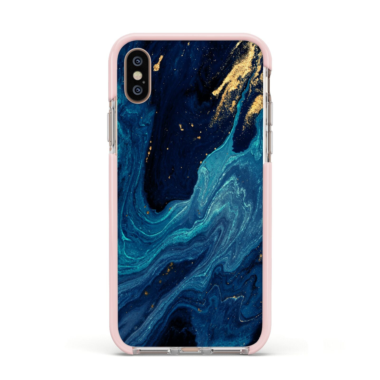 Blue Lagoon Marble Apple iPhone Xs Impact Case Pink Edge on Gold Phone