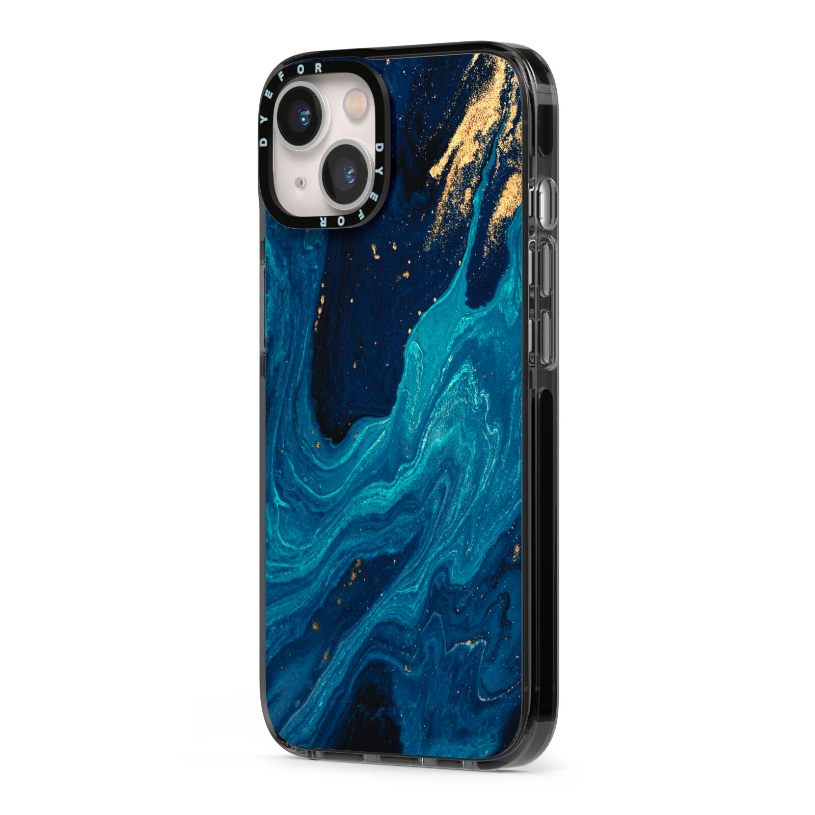 Blue Lagoon Marble iPhone 13 Black Impact Case Side Angle on Silver phone