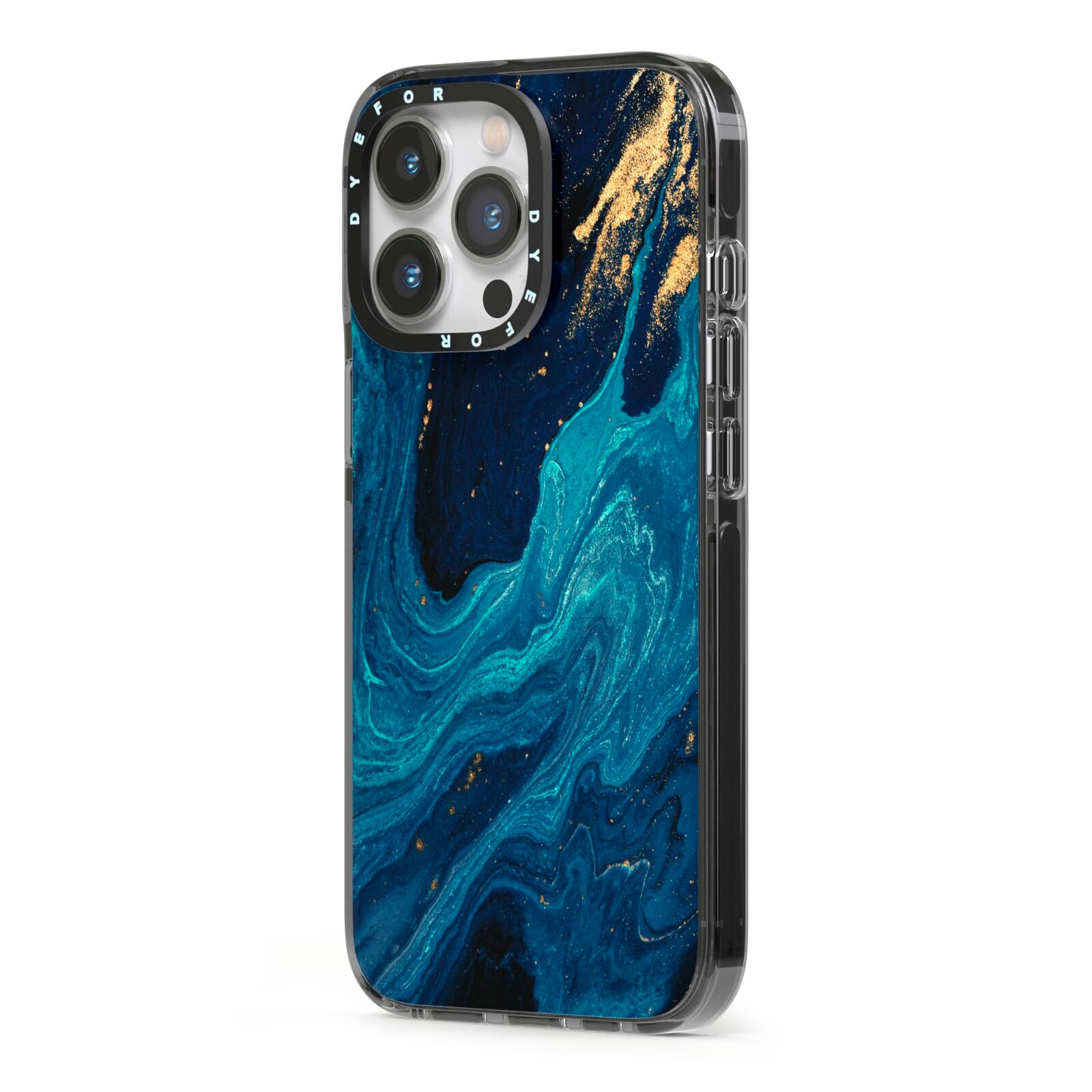 Blue Lagoon Marble iPhone 13 Pro Black Impact Case Side Angle on Silver phone