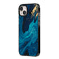 Blue Lagoon Marble iPhone 14 Plus Black Impact Case Side Angle on Silver phone