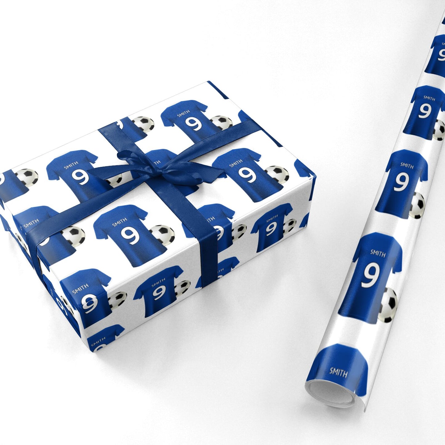 Blue Personalised Name Football Shirt Personalised Wrapping Paper