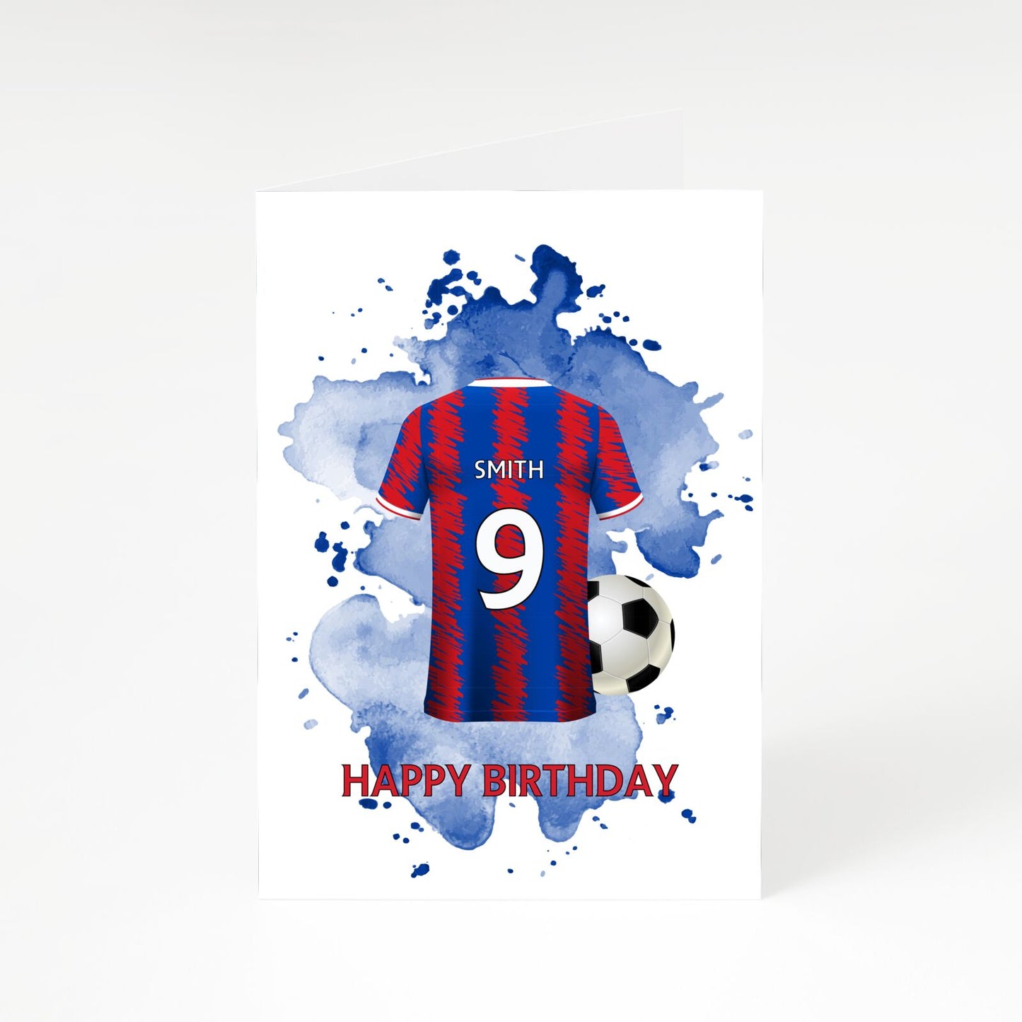 Blue Red Personalised Football Shirt A5 Greetings Card