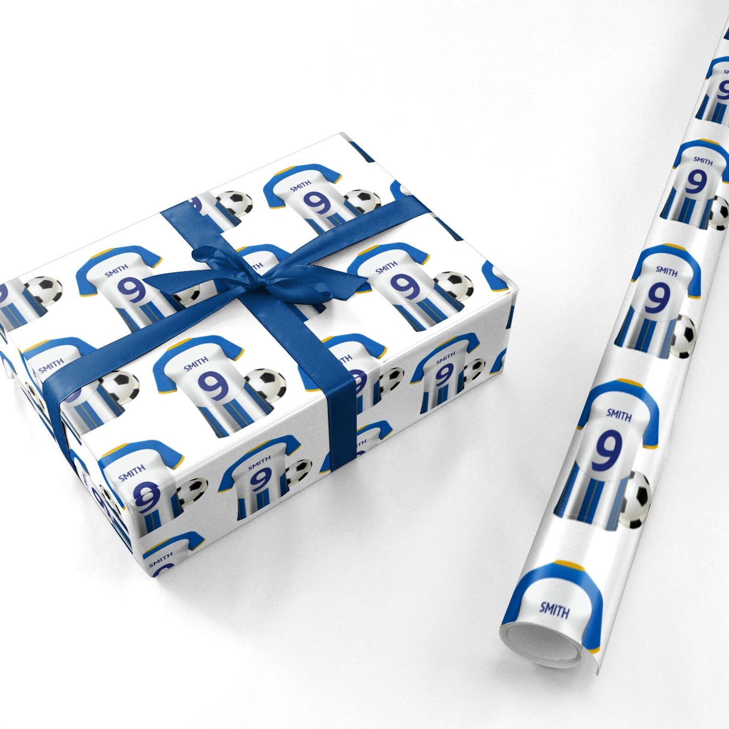 Blue White Yellow Personalised Football Shirt Personalised Wrapping Paper