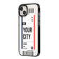 Boarding Pass Ticket iPhone 14 Plus Black Impact Case Side Angle on Silver phone