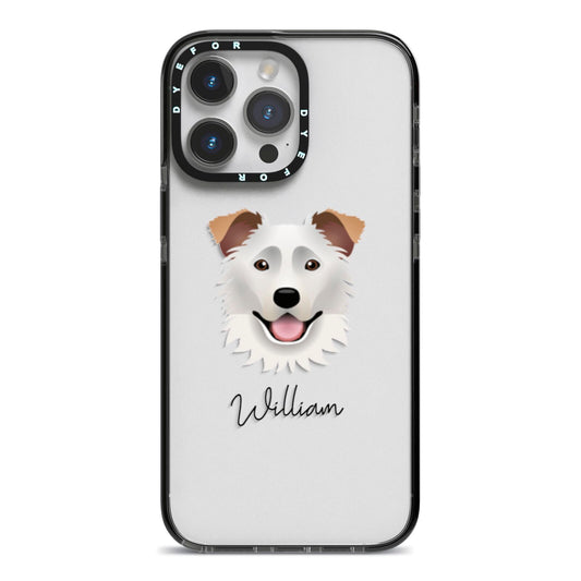 Border Collie Personalised iPhone 14 Pro Max Black Impact Case on Silver phone